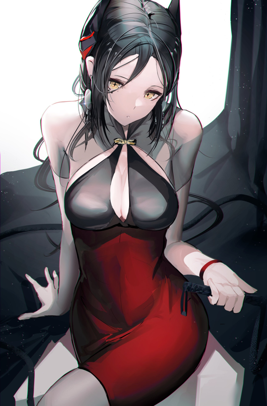 +_+ 1girl absurdres alternate_costume arknights arm_at_side black_dress black_hair breasts cleavage cleavage_cutout clothing_cutout dress earrings gradient_dress hair_between_eyes highres hiyaori_(hiyahiyaval) holding horns ines_(arknights) jewelry large_breasts long_hair looking_at_viewer parted_lips red_dress riding_crop short_sleeves simple_background sitting solo white_background wristband yellow_eyes