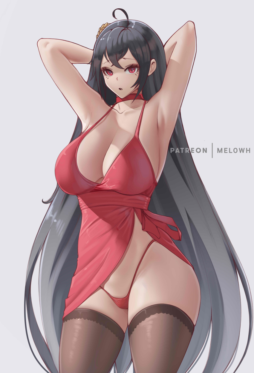 1girl absurdres ahoge armpits arms_behind_head artist_name azur_lane bangs black_hair breasts brown_legwear choker cleavage cocktail_dress cowboy_shot crossed_bangs dress evening_gown halter_dress halterneck highres huge_breasts lace-trimmed_legwear lace_trim long_hair melowh official_alternate_costume panties patreon_username red_choker red_dress red_eyes red_panties simple_background sleeveless sleeveless_dress solo taihou_(azur_lane) taihou_(forbidden_feast)_(azur_lane) underwear very_long_hair white_background