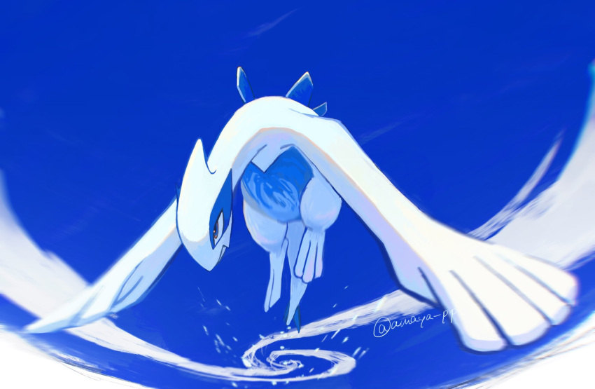 amaya_uw blurry closed_mouth flying full_body highres lugia no_humans pokemon pokemon_(creature) solo toes twitter_username water whirlpool