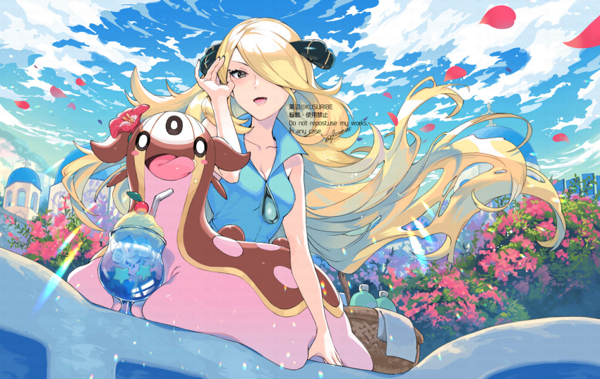 1girl basket blonde_hair blue_shirt breasts cleavage cloud collarbone collared_shirt commentary_request cynthia_(pokemon) day drinking_straw falling_petals floating_hair flower from_below gastrodon gastrodon_(west) glass grey_eyes hair_ornament hair_over_one_eye hand_up kusuribe long_hair outdoors petals pokemon pokemon_(anime) pokemon_(creature) pokemon_bw_(anime) shirt sky sleeveless sleeveless_shirt very_long_hair