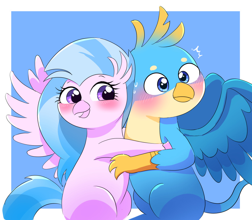 absurd_res avian beak blue_body blush bodily_fluids duo embrace european_mythology eyelashes feathered_wings feathers female feral friendship_is_magic gallus_(mlp) greek_mythology gryphon hasbro hi_res hippogriff hug leo19969525 male my_little_pony mythological_avian mythology pink_beak pink_body silverstream_(mlp) sweat sweatdrop wings yellow_beak