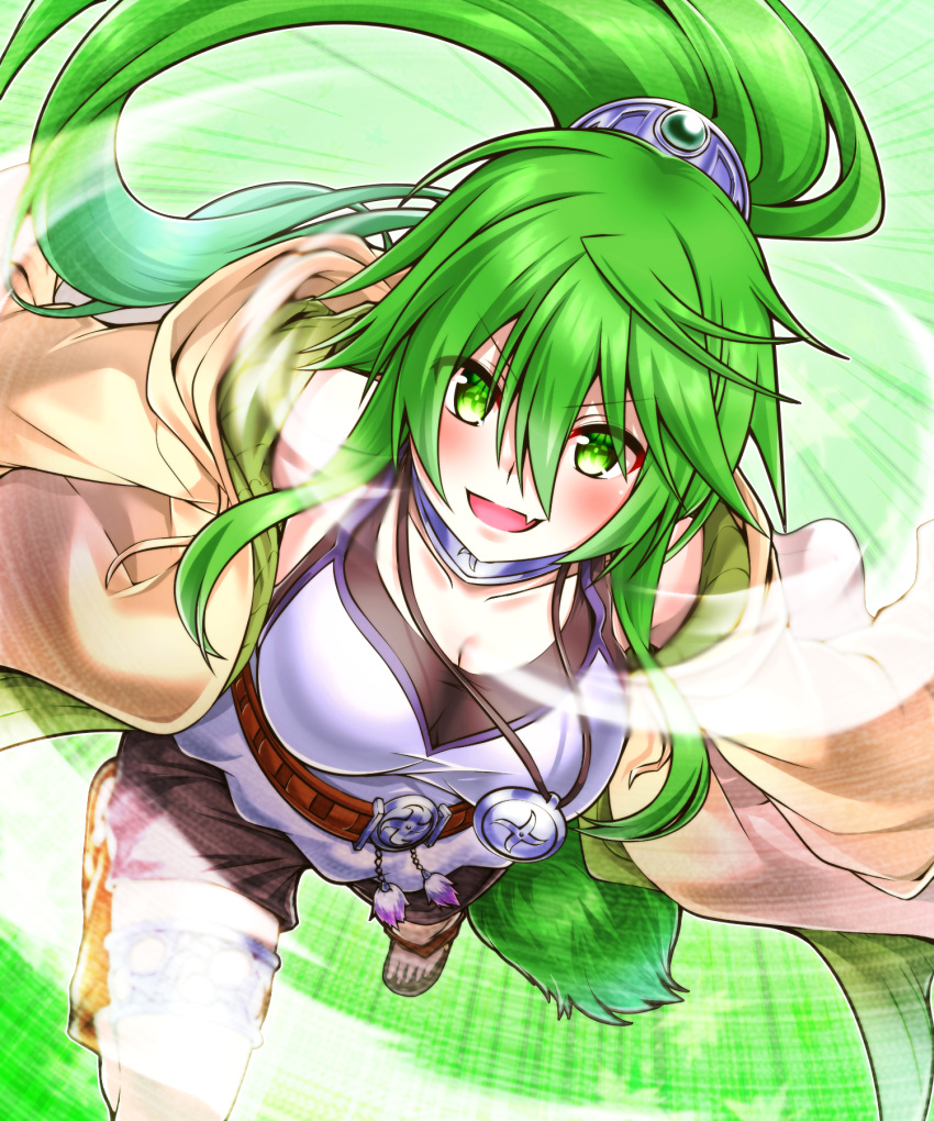 +_+ 1girl :d bangs bare_shoulders belt black_shorts blush breasts brown_belt brown_coat camisole capelet cleavage coat collar collarbone commentary_request drawstring duel_monster eyebrows_visible_through_hair fang floating_hair green_background green_eyes green_hair green_jacket hair_between_eyes hair_ornament highres hood hood_down hooded_capelet jacket jewelry large_breasts long_hair looking_at_viewer medallion necklace off_shoulder open_mouth p-b-c_(dark_matter_kakine) ponytail shorts sidelocks skin_fang smile solo symbol-shaped_pupils thighlet toeless_footwear white_camisole winda_priestess_of_gusto yu-gi-oh!