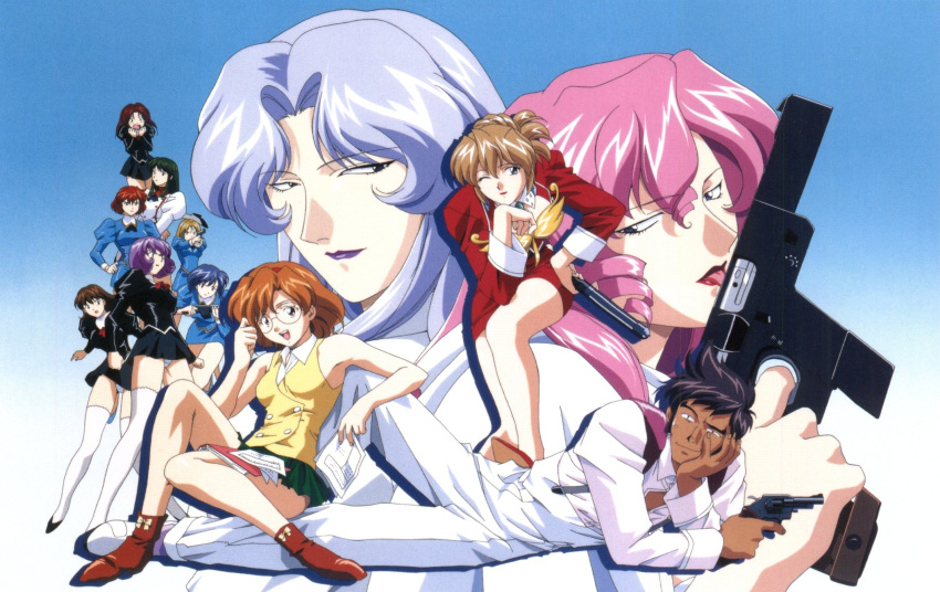 1990s_(style) 2boys 6+girls agent_aika aida_rion aika_(series) aiming ascot bare_shoulders black_ascot black_delmo black_delmo_a black_delmo_leader black_hair black_jacket blue_delmo blue_delmo_leader blue_delmo_v blue_hair blue_jacket book boots brown_eyes brown_hair crotch_seam delmo_commander delmogeny_uniform earrings glasses green_hair gun gusto hagen_rudolf headband high_heels highres jacket jewelry licking lipstick long_hair long_sleeves lying makeup multiple_boys multiple_girls neena_hagen official_art on_side one_eye_closed open_mouth panties pants pantyshot pencil_skirt pink_hair pleated_skirt purple_hair purple_lips red_hair red_headband red_lips retro_artstyle revolver round_eyewear scan shirt short_hair siblings sitting skirt smile sumeragi_aika thighhighs tongue tongue_out underwear uniform weapon white_delmo white_jacket white_legwear white_panties yamauchi_noriyasu