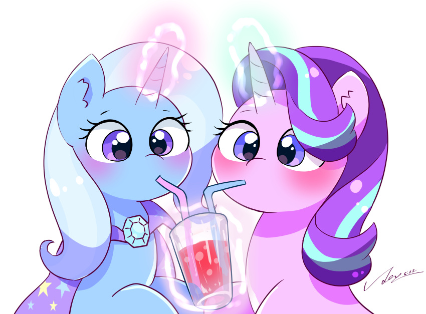 absurd_res beverage blue_body blue_hair blush container cup drinking duo equid equine eyelashes female feral friendship_is_magic glowing glowing_horn hair hasbro hi_res horn inner_ear_fluff leo19969525 looking_down magic mammal my_little_pony pink_body purple_eyes purple_hair simple_background starlight_glimmer_(mlp) trixie_(mlp) tuft unicorn white_background