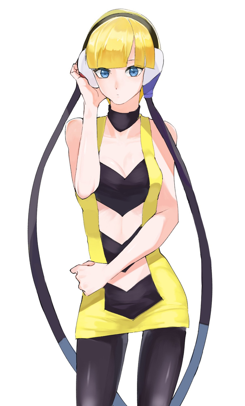 1girl aqua_eyes armpits bangs bare_arms bare_shoulders black_choker black_headwear black_legwear blonde_hair blue_eyes blunt_bangs breasts cable choker cleavage dress elesa_(pokemon) headphones highres horezai pantyhose pokemon pokemon_(game) pokemon_bw short_dress short_hair sleeveless sleeveless_dress solo yellow_dress