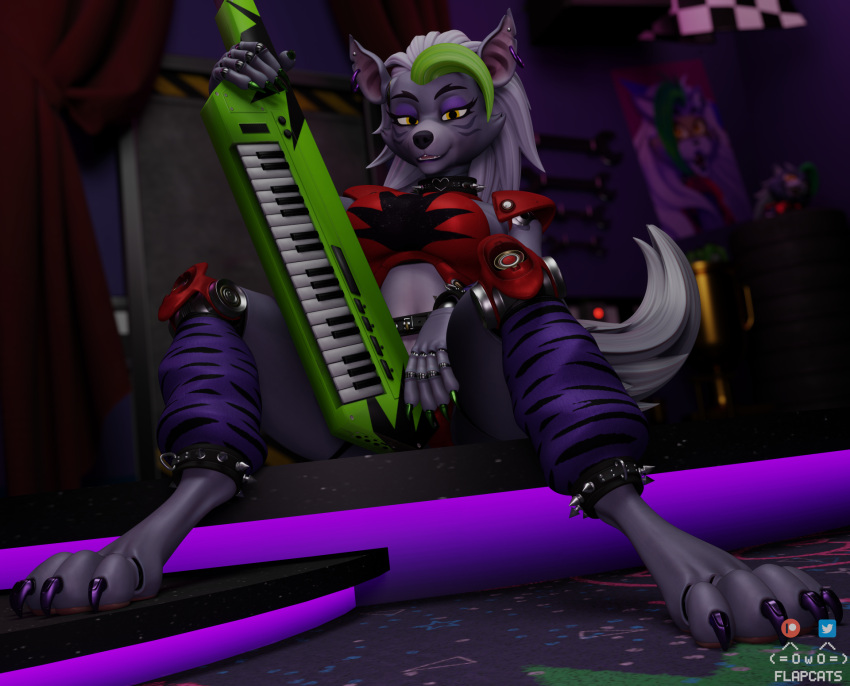 3d_(artwork) 5_fingers animatronic anthro canid canine canis claws clothed clothing collar digital_media_(artwork) female fingers five_nights_at_freddy's five_nights_at_freddy's:_security_breach flapcats green_hair grey_body hair hi_res keyboard_instrument keytar legwear looking_at_viewer machine mammal musical_instrument purple_clothing red_clothing robot roxanne_wolf_(fnaf) scottgames smile solo spiked_collar spikes video_games wolf yellow_eyes