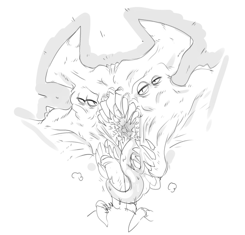 2022 4_eyes ambiguous_gender bel'veth_(lol) demon duo erection faceless_character faceless_male genitals greyscale hi_res horn league_of_legends licking long_tongue male male/ambiguous mhdrawin monochrome monster multi_eye not_furry oral penile penis penis_lick riot_games sex sharp_teeth sketch solo_focus teeth tongue tongue_out tonguejob video_games