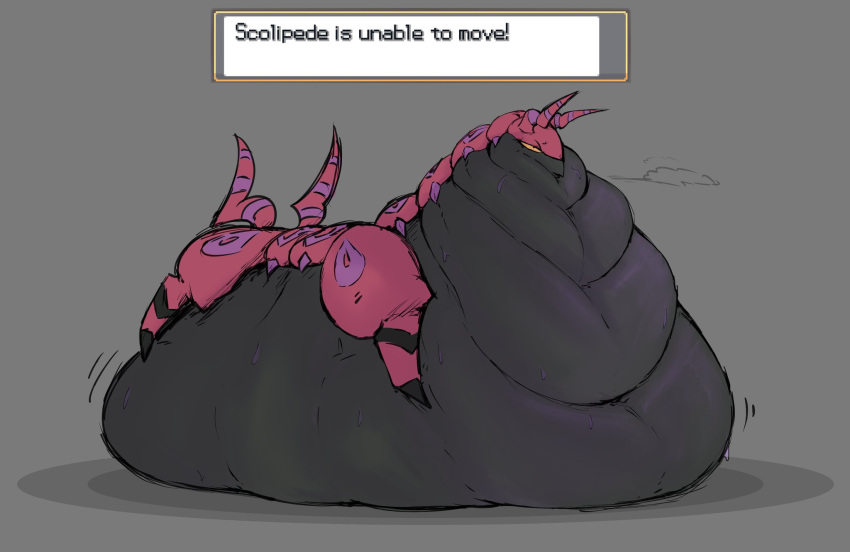 ambiguous_gender antennae_(anatomy) arthropod belly big_belly bodily_fluids english_text feral grey_background hi_res hyper hyper_belly locitony morbidly_obese morbidly_obese_ambiguous morbidly_obese_feral myriapod nintendo obese obese_ambiguous obese_feral overweight overweight_ambiguous overweight_feral pok&eacute;mon pok&eacute;mon_(species) scolipede simple_background solo sweat text video_games yellow_sclera