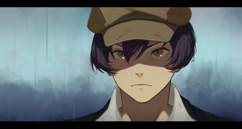 1boy 91_days avilio_bruno bags_under_eyes black_hair brown_headwear derivative_work dripping frown hair_between_eyes highres letterboxed looking_at_viewer male_focus outdoors portrait rain screencap_redraw serious shenxiu short_hair solo water_drop