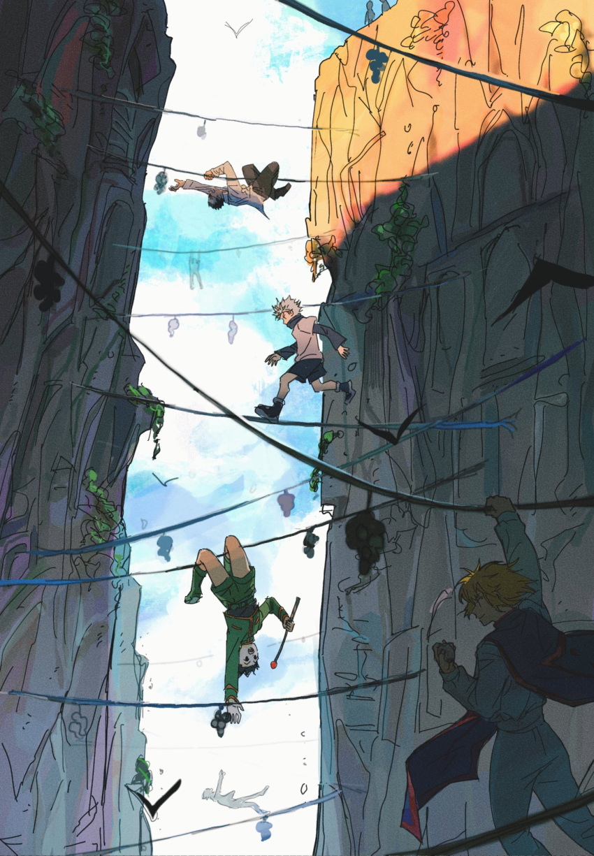 4boys :d arm_up balancing black_footwear black_hair black_pants black_shorts blonde_hair blue_sky boots cliff collared_shirt commentary crossed_legs egg falling floating_hair glasses gon_freecss green_footwear green_jacket grey_hair hanging highres holding hunter_x_hunter jacket killua_zoldyck knee_boots kurapika layered_sleeves leorio_paladiknight long_sleeves looking_at_another male_focus miko_(15476997) monster multiple_boys outstretched_arm pants profile reaching shade shirt shoes short_hair short_over_long_sleeves short_sleeves shorts silhouette sketch sky smile spiked_hair string tabard turtleneck upside-down walking white_pants white_shirt wind