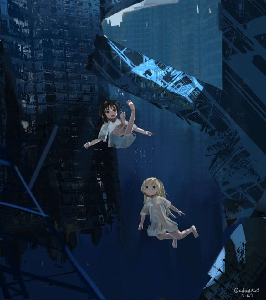 2girls black_eyes black_hair blonde_hair blue_eyes building chito_(shoujo_shuumatsu_ryokou) city freediving highres mikun109323 multiple_girls post-apocalypse ruins scenery shirt shoujo_shuumatsu_ryokou submerged swimming underwater water white_shirt yuuri_(shoujo_shuumatsu_ryokou)