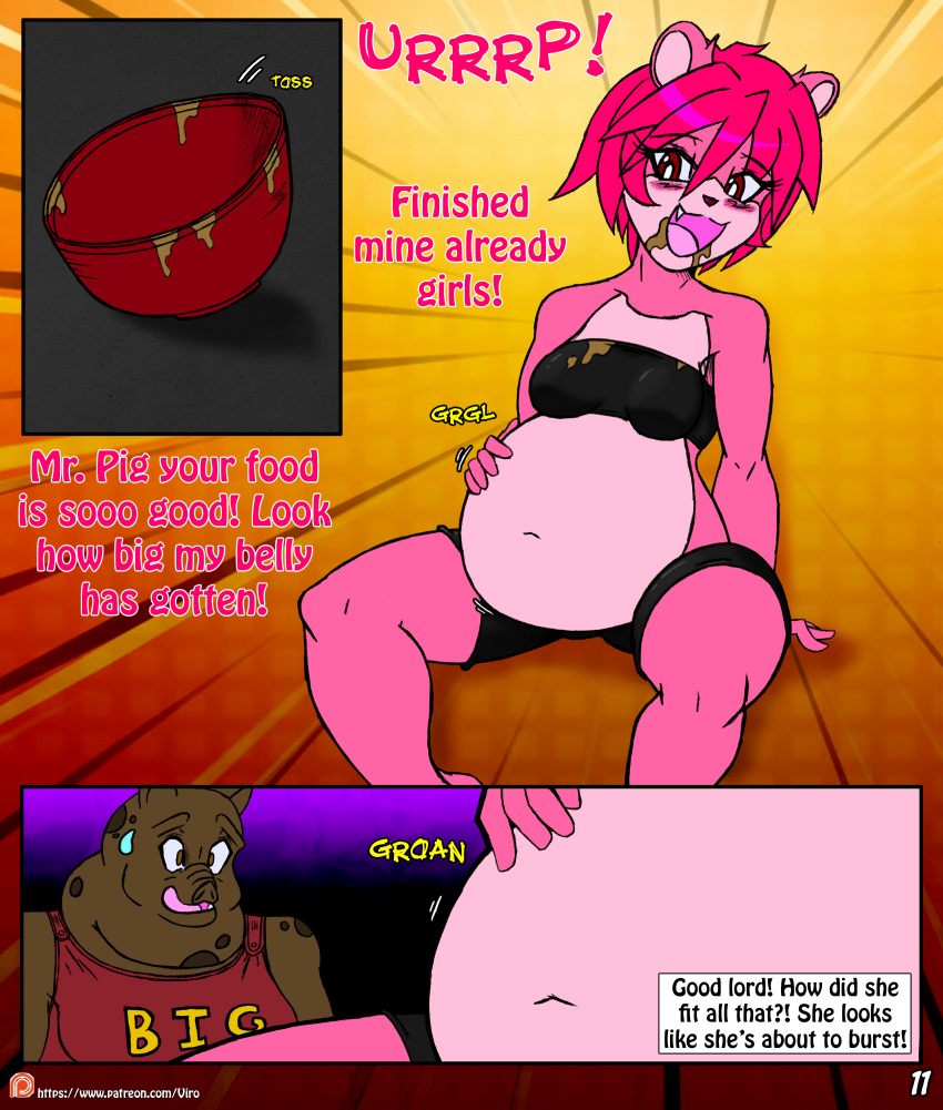 2017 absurd_res anthro belly belly_noises belly_overhang big_belly bloated bodily_fluids bottomwear bowl clothing comic container domestic_pig duo english_text female hair hand_on_stomach hi_res male mammal mr._pig_(viroveteruscy) navel obese obese_male overweight overweight_male pink_hair raspberry_(viroveteruscy) red_eyes sound_effects stuffing suid suina sus_(pig) sweat sweatdrop text toned_legs topwear ursid viroveteruscy warning_cream_filled