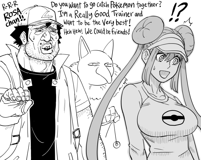 !? 1girl 2boys ^^^ absurdres animal_ears arm_hair ash_ketchum bangs baseball_cap bb_(baalbuddy) body_fur breasts collarbone commentary double_bun doughnut_hair_bun english_commentary english_text facial_hair fingerless_gloves fur_collar furry furry_male gloves grey_outline greyscale hair_bun half-closed_eyes hand_up hat highres holding hypno large_breasts long_sleeves looking_at_another mole monochrome multiple_boys nervous_smile open_clothes open_mouth open_shirt pendulum poke_ball_symbol poke_ball_theme pokemon pokemon_(anime) pokemon_(classic_anime) pokemon_(creature) pokemon_(game) pokemon_bw2 rosa_(pokemon) short_hair short_sleeves sidelocks simple_background sketch smile speech_bubble spiked_hair standing stubble surprised sweat talking text_focus turn_pale twintails undershirt upper_body visor_cap white_background wide-eyed