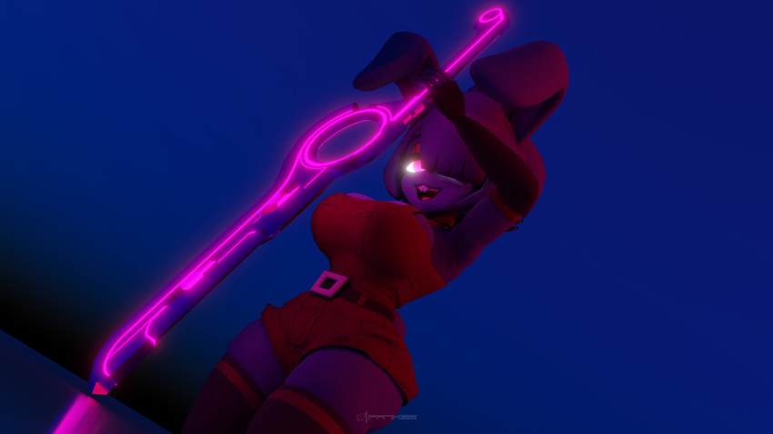 absurd_res bonnie_(cally3d) bonnie_(fnaf) female five_nights_at_freddy's fredina's_nightclub glowing glowing_eyes glowing_sword hair hi_res holding_object holding_weapon kneeling lagomorph leporid looking_at_viewer mammal melee_weapon prykez purple_body purple_ears purple_eyes purple_hair rabbit red_overalls scottgames solo sword video_games weapon xenoblade_chronicles