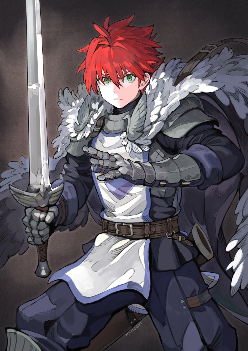 1boy armor belt cape cowboy_shot green_eyes hair_between_eyes highres holding holding_sword holding_weapon jun_(seojh1029) looking_at_viewer original pauldrons red_hair shadow short_hair shoulder_armor solo sword weapon