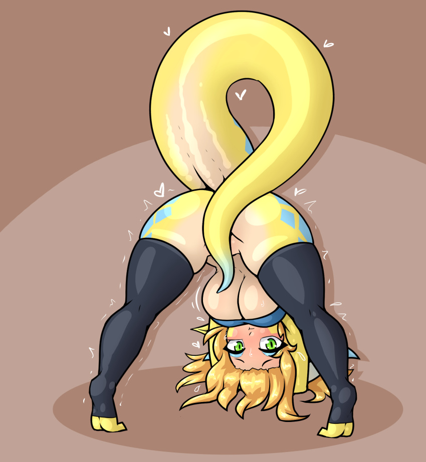 &lt;3 ampere_(character) anthro ass_up big_breasts blonde_hair bodily_fluids breasts censored_pussy clothing convenient_censorship downward_dog dragon female green_eyes hair hi_res legwear limebreaker looking_at_viewer simple_background solo stockings sweat tan_body topwear under_boob yellow_body