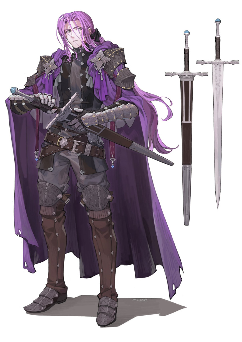 1boy armor artist_name black_ribbon cape commission copyright_request full_body hair_ribbon highres holding holding_sword holding_weapon jun_(seojh1029) long_hair male_focus pauldrons purple_cape purple_hair ribbon shoulder_armor simple_background skeb_commission solo standing sword weapon white_background