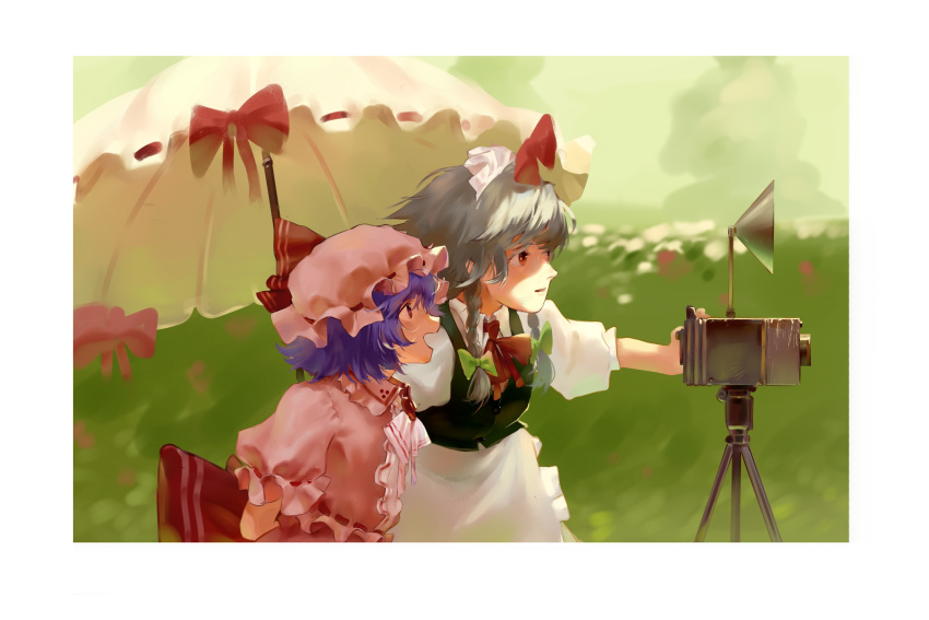 2girls :d apron ascot back_bow black_vest blush border bow bowtie braid brooch camera collared_shirt commentary facing_to_the_side frilled_shirt_collar frilled_sleeves frills from_side green_bow grey_hair hair_bow hat hat_ribbon hedge highres holding holding_umbrella izayoi_sakuya jewelry lifangtifengzheng long_hair looking_afar looking_at_another maid_headdress medium_hair mob_cap multiple_girls open_mouth parasol parted_lips pink_headwear pink_shirt puffy_short_sleeves puffy_sleeves purple_hair red_bow red_bowtie red_eyes red_ribbon remilia_scarlet ribbon ribbon-trimmed_shirt ribbon-trimmed_sleeves ribbon_trim shirt short_sleeves smile touhou tripod twin_braids umbrella vest waist_apron white_apron white_ascot white_border white_shirt