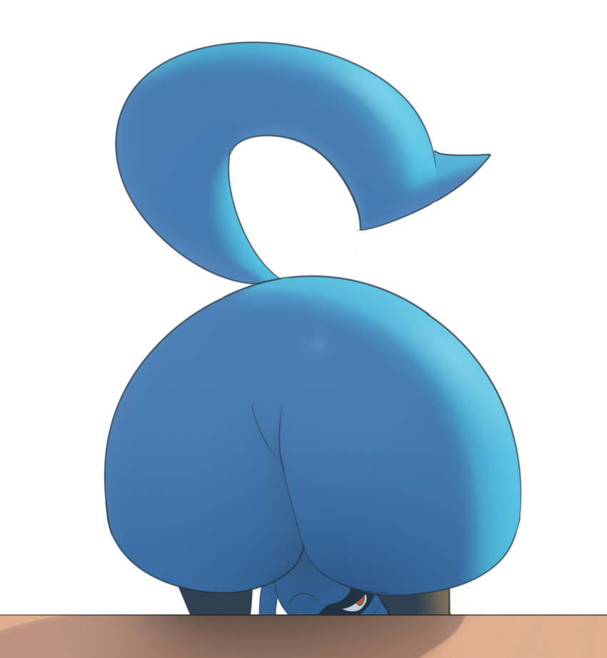 2022 ambiguous_gender anthro blue_body blue_tail butt hi_res inkune looking_through looking_through_legs multicolored_body rear_view simple_background smile solo white_background