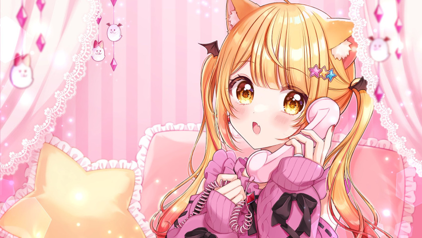 1girl animal_ear_fluff animal_ears bangs blonde_hair blush bow cat_ears eyebrows_visible_through_hair fang frilled_pillow frills hair_ornament highres holding holding_phone hololive indoors kemonomimi_mode kuzumochi long_hair open_mouth phone pillow pink_background pink_sweater red_nails ribbon skin_fang sleeves_past_wrists solo striped striped_background sweater twintails upper_body virtual_youtuber yellow_eyes yozora_mel