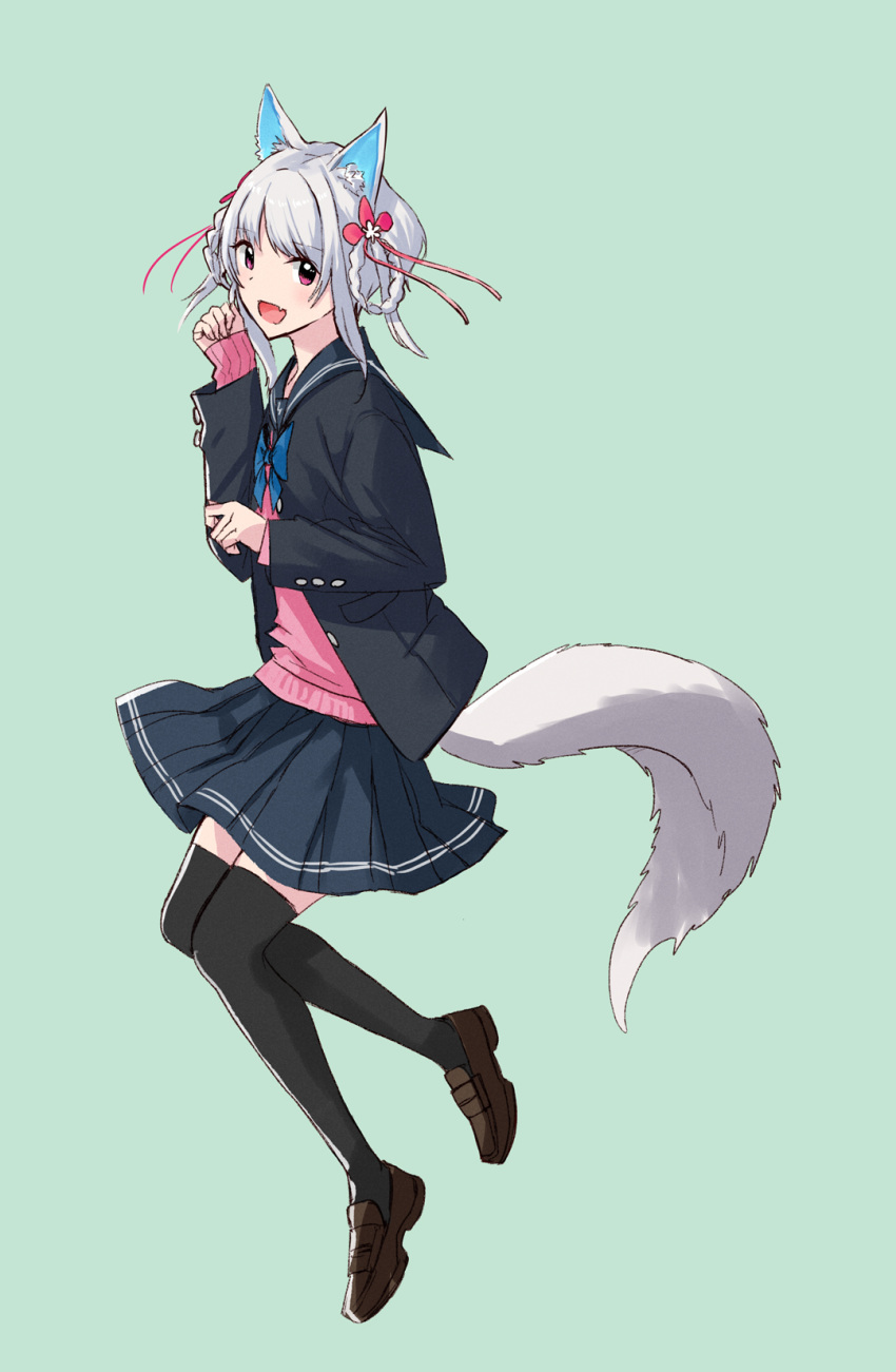 1girl animal_ear_fluff animal_ears black_legwear blue_bow blue_skirt bow brown_footwear fang green_background grey_hair highres kazuharu_kina open_mouth original pink_eyes short_hair simple_background skin_fang skirt sleeves_past_wrists smile solo tail thighhighs