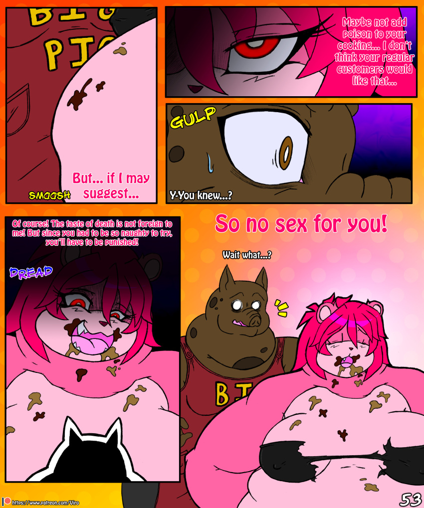 2018 absurd_res anthro belly big_belly breasts clothing comic domestic_pig duo english_text female hair hi_res male mammal morbidly_obese morbidly_obese_anthro morbidly_obese_female mr._pig_(viroveteruscy) obese obese_anthro obese_female obese_male open_mouth overweight overweight_anthro overweight_female overweight_male pink_hair raspberry_(viroveteruscy) red_eyes sound_effects suid suina sus_(pig) tet text topwear torn_clothing torn_topwear ursid viroveteruscy weight_gain