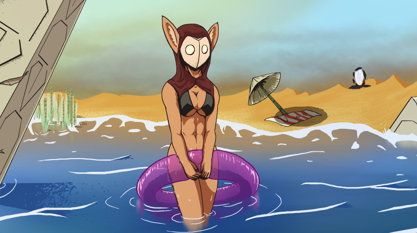 absurd_res anthro ashy_(fieryashy) beach bottomless bra breasts cleavage clothed clothing covering covering_crotch covering_self female fieryashy headgear headwear hi_res hood inflatable inner_tube mammal mask sea seaside solo underwear unknown_species water