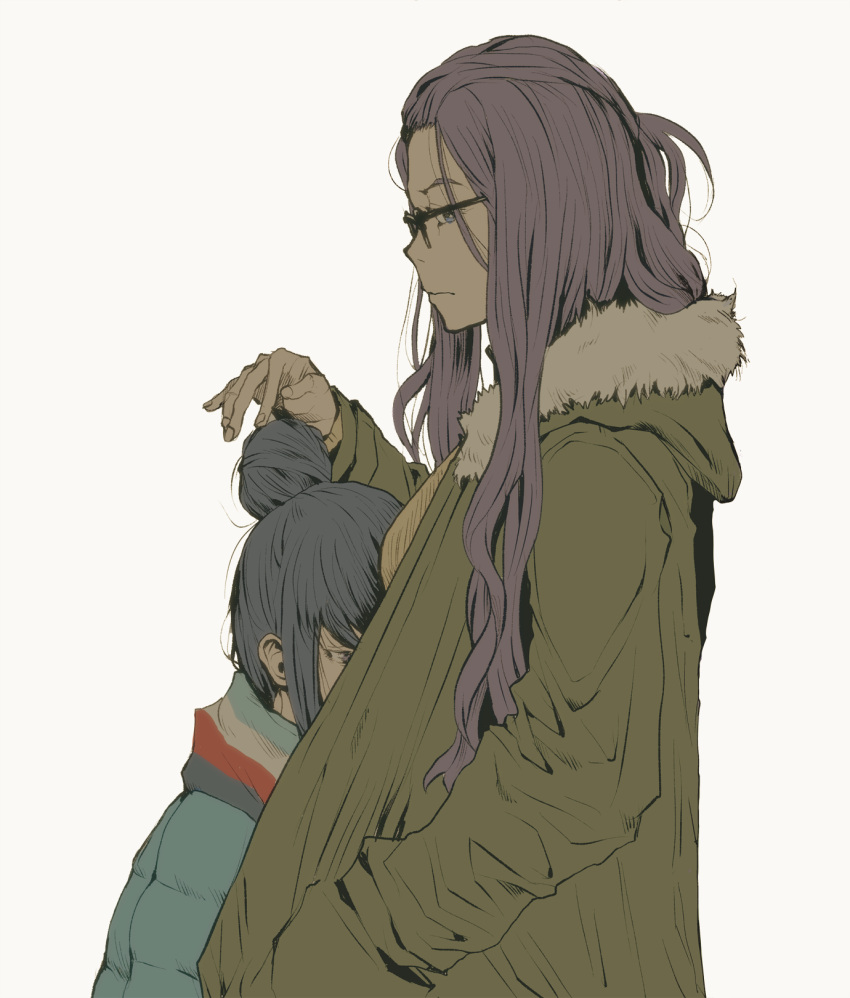 2girls bangs_pinned_back black-framed_eyewear blue_hair coat glasses green_coat hair_bun hair_flip hands_in_pockets highres kagamihara_sakura looking_at_viewer multiple_girls purple_hair rectangular_eyewear scarf shima_rin single_hair_bun striped striped_scarf tamaoki_benkyou winter_clothes yuri yurucamp