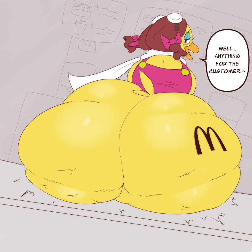 absurd_res anthro avian beak big_butt bird birdie_the_early_bird bottomless branding brown_hair butt cellulite clothed clothing english_text female hair half-closed_eyes hi_res huge_butt hyper hyper_butt looking_at_viewer looking_back mcdonald's narrowed_eyes open_beak open_mouth overalls pigtails sketchyboi08 solo speech_bubble text yellow_body