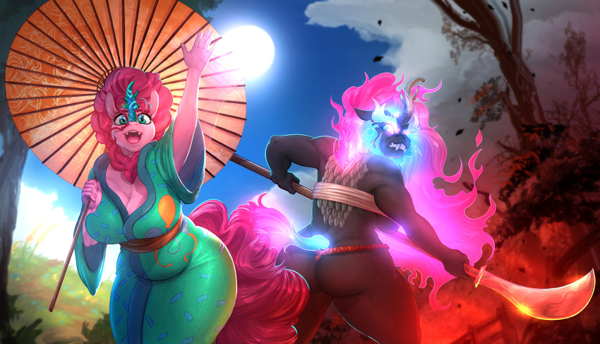5_fingers alternate_species anthro anthrofied asian_clothing asian_mythology big_breasts black_body breasts chinese_mythology clothing east_asian_clothing east_asian_mythology fingers fire friendship_is_magic glowing glowing_eyes hasbro hi_res holding_object japanese_clothing kimono kirin melee_weapon my_little_pony mythology open_mouth pink_body pinkie_pie_(mlp) scenery sharp_teeth sky sun teeth umbrella vest_(artist) weapon