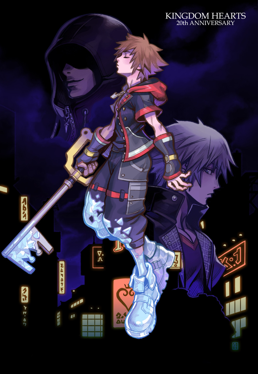 3boys absurdres alejandro_tio brown_hair city city_lights closed_eyes coat covered_eyes dark fingerless_gloves floating frozen gauntlets gloves highres holding hood hoodie ice jacket jewelry keyblade kingdom_hearts looking_to_the_side male_focus multiple_boys necklace night night_sky outdoors pants riku_(kingdom_hearts) shirt shoes short_sleeves sky smile sora_(kingdom_hearts) spiked_hair t-shirt white_hair
