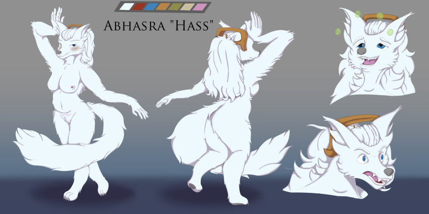 angry anthro arctic_fox blush breasts canid canine dancing digitigrade drunk expressions female fluffy fluffy_tail fox grey_nose hair headgear hi_res lordofnothin1 mammal model_sheet nude ponytail slightly_chubby solo substance_intoxication womb_tattoo