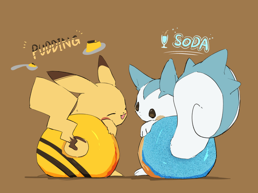 animal_focus brown_background doughnut english_text food from_behind highres looking_at_viewer looking_back no_humans oimo_kenpi pachirisu pikachu pokemon pokemon_(creature) pudding side-by-side soda tail tail_ornament