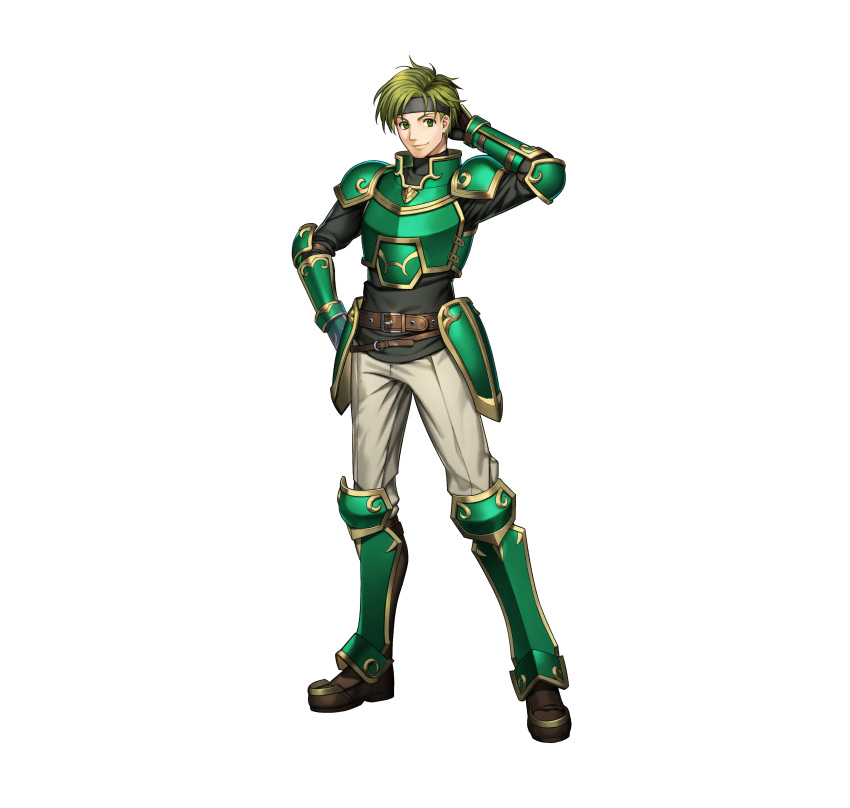 1boy absurdres arm_behind_head arm_up armor bangs boots closed_mouth commentary_request elbow_pads fire_emblem fire_emblem:_the_blazing_blade fire_emblem_heroes full_body gauntlets gold_trim green_armor green_eyes green_hair hand_on_hip headband highres knee_boots long_sleeves looking_at_viewer maco male_focus official_art pants sain_(fire_emblem) short_hair shoulder_armor simple_background smile standing turtleneck white_background