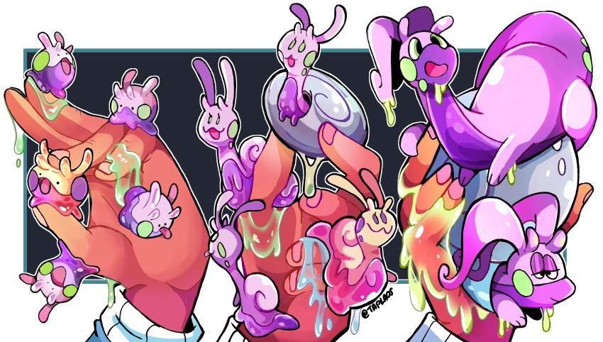 :3 alternate_color alternate_size antennae artist_name evolutionary_line fingers goodra goomy highres hisuian_goodra hisuian_sliggoo pokemon pokemon_(creature) relaxed shell shiny_pokemon sliggoo slime_(substance) taplaos tongue tongue_out twitter_username