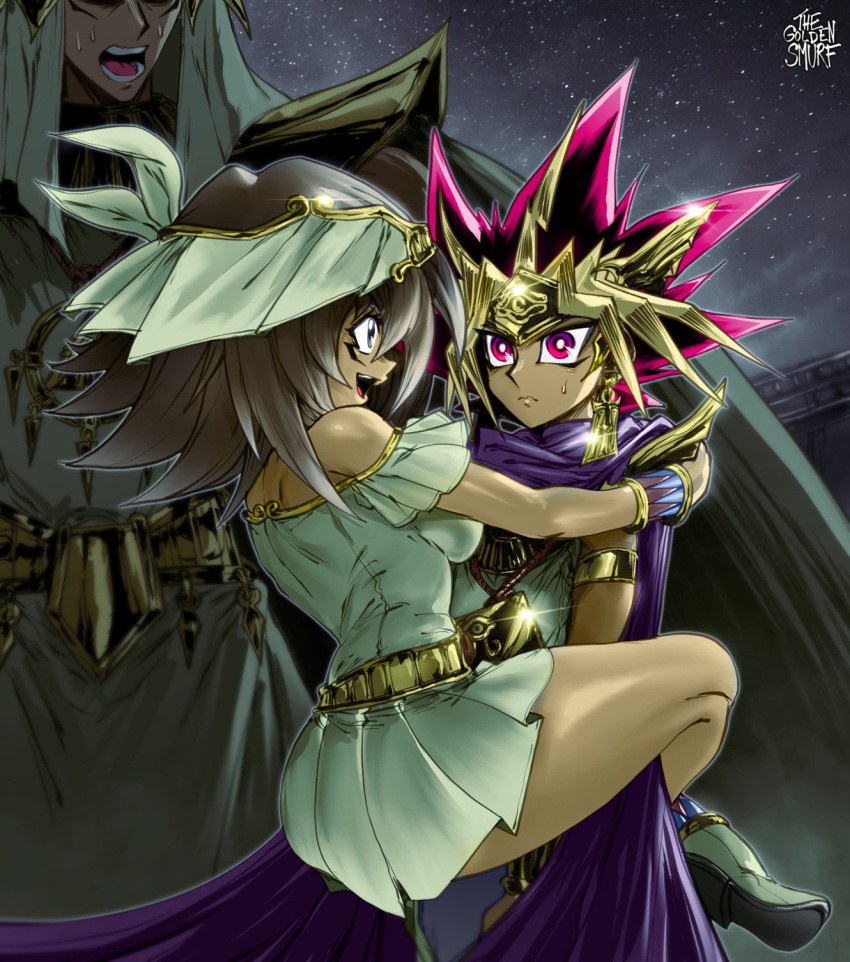 1girl 2boys armlet armor artist_name atem bare_shoulders belt black_hair blonde_hair blue_eyes breasts cape derivative_work dress eye_of_horus forehead_protector head_out_of_frame highres hug leg_lock long_hair mahado mana_(yu-gi-oh!) millennium_puzzle millennium_ring multicolored_hair multiple_boys night open_mouth outdoors purple_cape purple_eyes purple_hair scene_reference screencap_redraw shoes shoulder_armor spiked_hair star_(sky) sweat the_golden_smurf wristband yu-gi-oh! yu-gi-oh!_duel_monsters