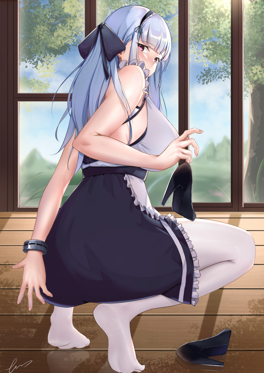 1girl absurdres apron ass azur_lane bangs black_dress black_footwear black_ribbon blunt_bangs blush bracelet breasts closed_mouth commentary day dido_(azur_lane) dress error1945 eyebrows_visible_through_hair frilled_apron frills from_behind full_body grey_hair hair_ribbon high_heels highres holding holding_shoes indoors jewelry large_breasts long_hair looking_at_viewer looking_back maid_apron maid_headdress pantyhose purple_eyes ribbon shoes shoes_removed signature sleeveless sleeveless_dress smile solo squatting tiptoes white_apron white_legwear window wooden_floor