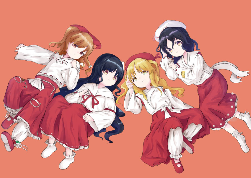 4girls bangs beret black_hair blonde_hair blonde_shrine_maiden_from_a_future_era_(touhou) bloomers blunt_bangs bobby_socks bow colored_shoe_soles commentary_request detached_sleeves frilled_skirt frills full_body girl_who_trained_on_mt._haku_(touhou) hair_bow hakama hakama_skirt hat highres hourai_girl_(touhou) japanese_clothes kariginu kimono long_hair long_sleeves lying mary_janes miko moonlight's_anti-soul_(touhou) multiple_girls neck_ribbon no_shoes nostalgiclock on_back on_side orange_hair pocket portrait_of_exotic_girls purple_eyes red_bow red_eyes red_footwear red_hakama red_headwear red_ribbon red_skirt ribbon sash shirt shoe_soles shoes short_hair simple_background skirt socks touhou underwear very_long_hair wavy_hair white_bloomers white_headwear white_kimono white_legwear white_ribbon white_sash white_shirt white_sleeves wide_sleeves yellow_eyes