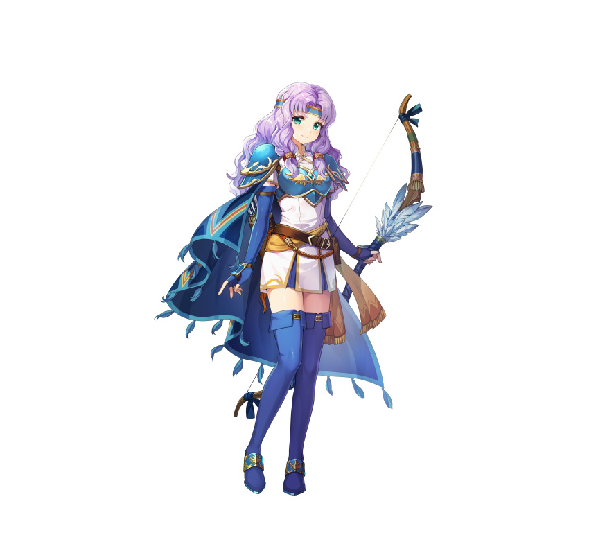 1girl absurdres aqua_eyes armor arrow_(projectile) belt blue_armor blue_cape blue_footwear blue_gloves boots bow_(weapon) breastplate cape chachie closed_mouth commentary_request dress elbow_gloves feathers fingerless_gloves fire_emblem fire_emblem:_the_blazing_blade fire_emblem_heroes florina_(azure_sky_knight)_(fire_emblem) florina_(fire_emblem) full_body gloves gold_trim hair_ornament hairband headband highres holding holding_weapon long_hair looking_at_viewer official_art purple_hair quiver short_dress shoulder_armor simple_background skirt smile solo standing thigh_boots weapon white_background white_dress zettai_ryouiki