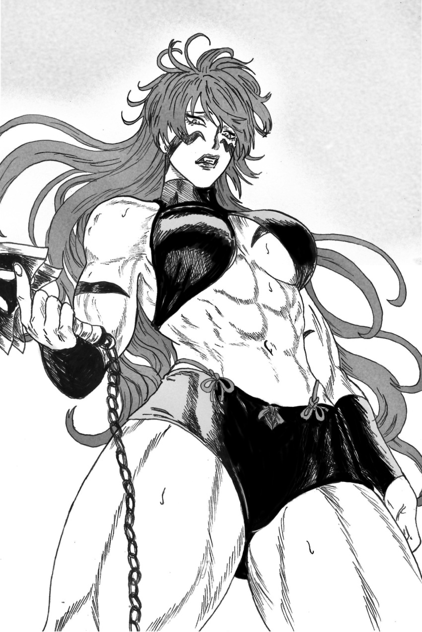 1girl abs absurdres breasts breasts_apart cowboy_shot fuuma_kotarou_(tenkaichi) greyscale highres holding holding_weapon large_breasts long_hair looking_at_viewer meme midriff mildly_muscular_women_think_they're_gods_(meme) monochrome muscular muscular_female navel parted_lips photo-referenced ramosvitalixxx solo tenkaichi_nihon_saikyou_bugeisha_ketteisen underboob very_long_hair weapon