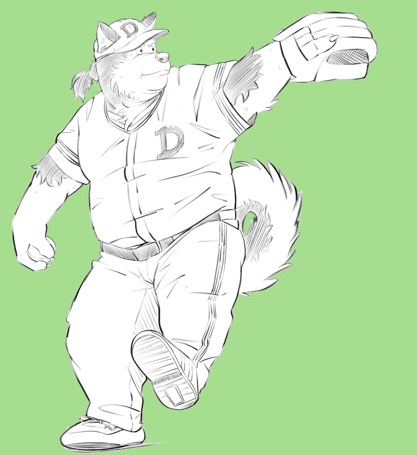 2022 absurd_res anthro ball baseball_(ball) baseball_(sport) baseball_cap baseball_glove baseball_uniform belly bottomwear canid canine canis clothing domestic_dog green_background hat headgear headwear hi_res humanoid_hands kamui_shirow kemono male mammal overweight overweight_male pants shirt simple_background solo sport sportswear topwear uniform