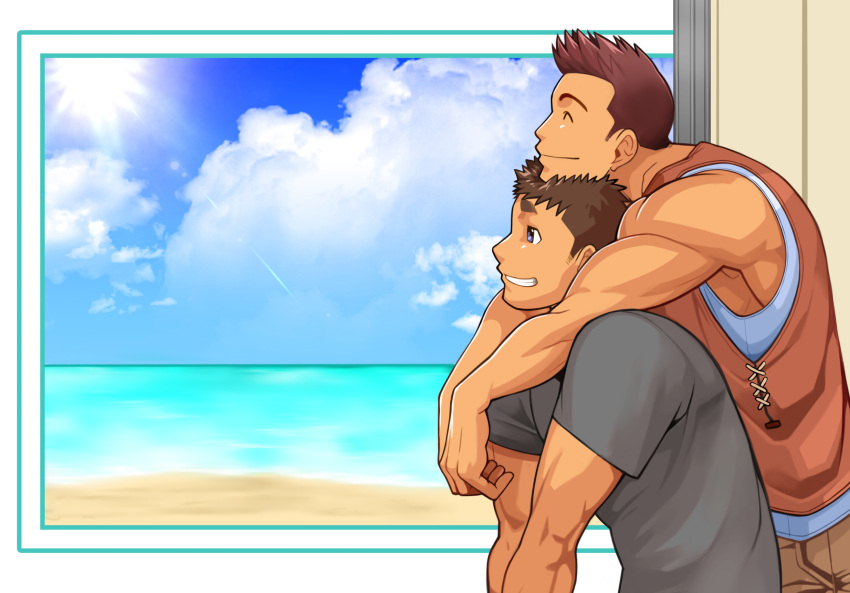2boys armpits bara biceps blue_eyes brown_hair building closed_eyes cloud cloudy_sky day highres hug lifting lifting_person looking_to_the_side male_focus manly mature_male multiple_boys muscular muscular_male nakata_shunpei ocean original pants red_hair sand shirt short_hair sideburns sky sleeveless smile spiked_hair sun sunlight t-shirt teeth upper_body