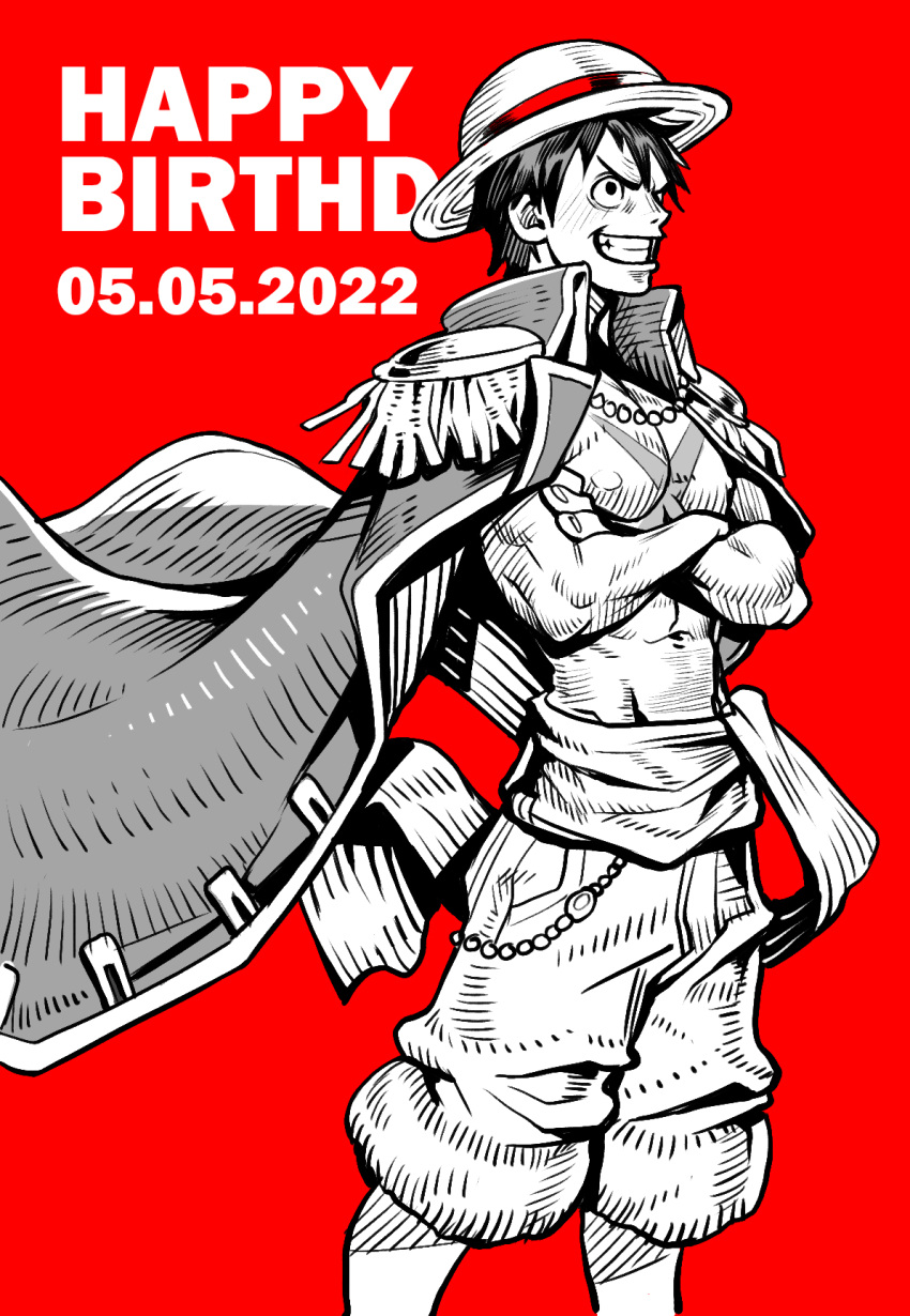 1boy abs alejandro_tio belt biceps black_hair cape cape_lift crossed_arms happy_birthday hat highres large_pectorals looking_to_the_side male_focus monkey_d._luffy muscular muscular_male nipples no_shirt one_piece pectorals red_background shorts smirk solo spiked_hair straw_hat teeth text_focus