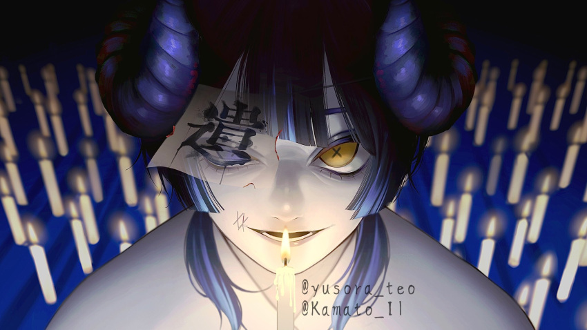 bangs blue_eyes blue_hair blue_horns blunt_bangs candle glowing heterochromia highres horns kamato_il medium_hair original portrait solo x_x yellow_eyes