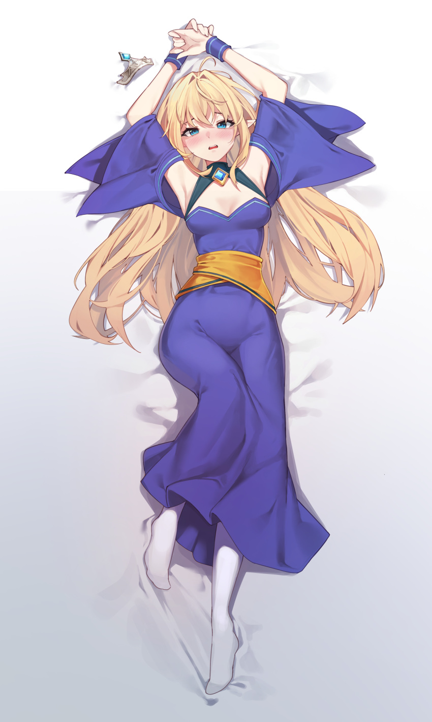 1girl absurdres ahoge armpits arms_up bed_sheet blonde_hair blue_dress blue_eyes blue_gemstone blush chukibabo2 commission dress eyelashes gem glowing highres long_eyelashes long_hair looking_at_viewer lying no_shoes on_back open_mouth original pointy_ears solo teeth tiara turtleneck upper_teeth white_footwear white_legwear wristband