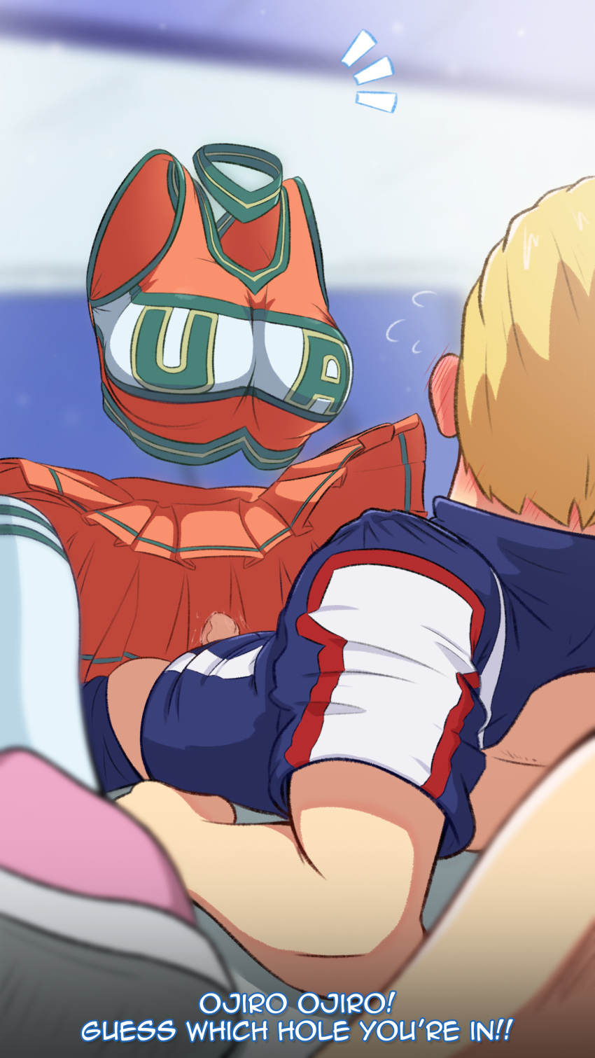 1boy 1girl ^^^ absurdres arm_support assertive_female blue_shirt blurry blurry_background blush boku_no_hero_academia breasts choker clenched_hands commentary cowgirl_position crop_top ear_blush english_commentary english_text foreshortening greatm8 green_choker hagakure_tooru highres invisible large_breasts looking_at_another lying no_panties ojiro_mashirao on_back orange_skirt penis photoshop_(medium) pink_footwear pleated_skirt sex shirt short_sleeves skirt sleeveless source_filmmaker_(medium) spread_legs straddling subtitled suggestive_fluid u.a._cheerleader_uniform u.a._gym_uniform