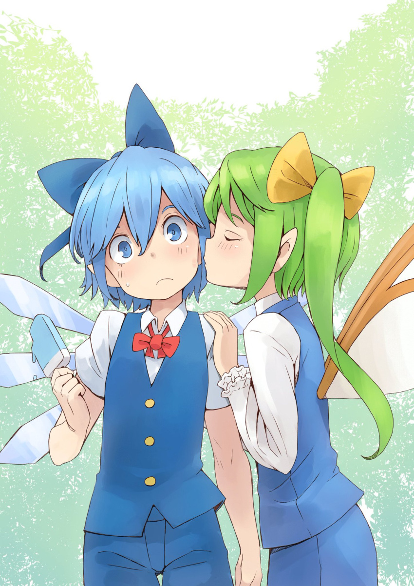 blue_bow blue_eyes blue_hair blue_legwear blue_vest blush bow buttons cirno closed_eyes collared_shirt d@i daiyousei fairy_wings food frilled_sleeves frills green_hair hair_bow hand_on_another's_shoulder highres holding holding_food ice ice_wings kiss kissing_cheek neck_ribbon pointy_ears popsicle red_ribbon ribbon shirt side_ponytail sweatdrop touhou vest white_shirt wings
