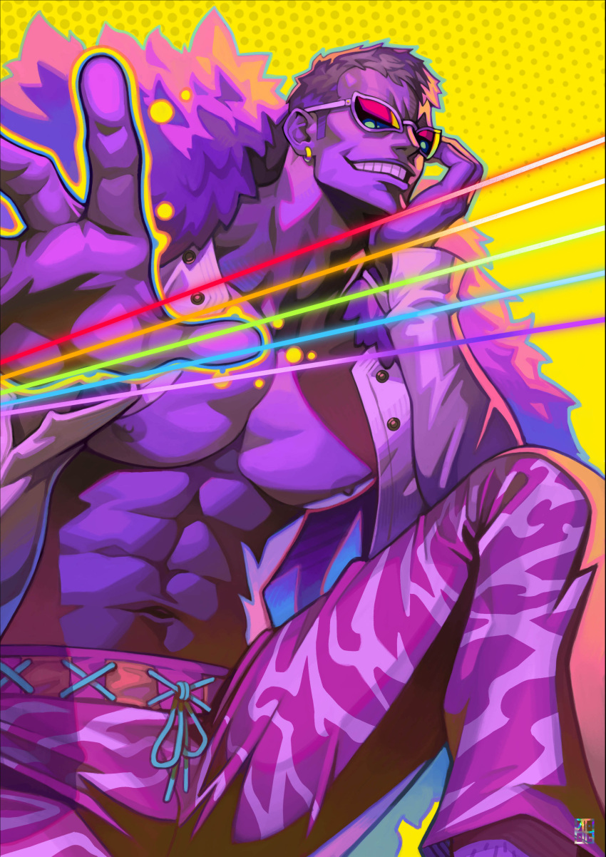 1boy abs absurdres alejandro_tio artist_logo bara bare_pectorals blonde_hair collared_shirt donquixote_doflamingo ear_piercing earrings hand_on_own_face highres jacket jewelry large_pectorals male_focus manly mature_male muscular muscular_male nipples one_piece open_clothes open_jacket open_shirt pants pectorals piercing shirt sitting smirk solo spiked_hair sunglasses teeth thread