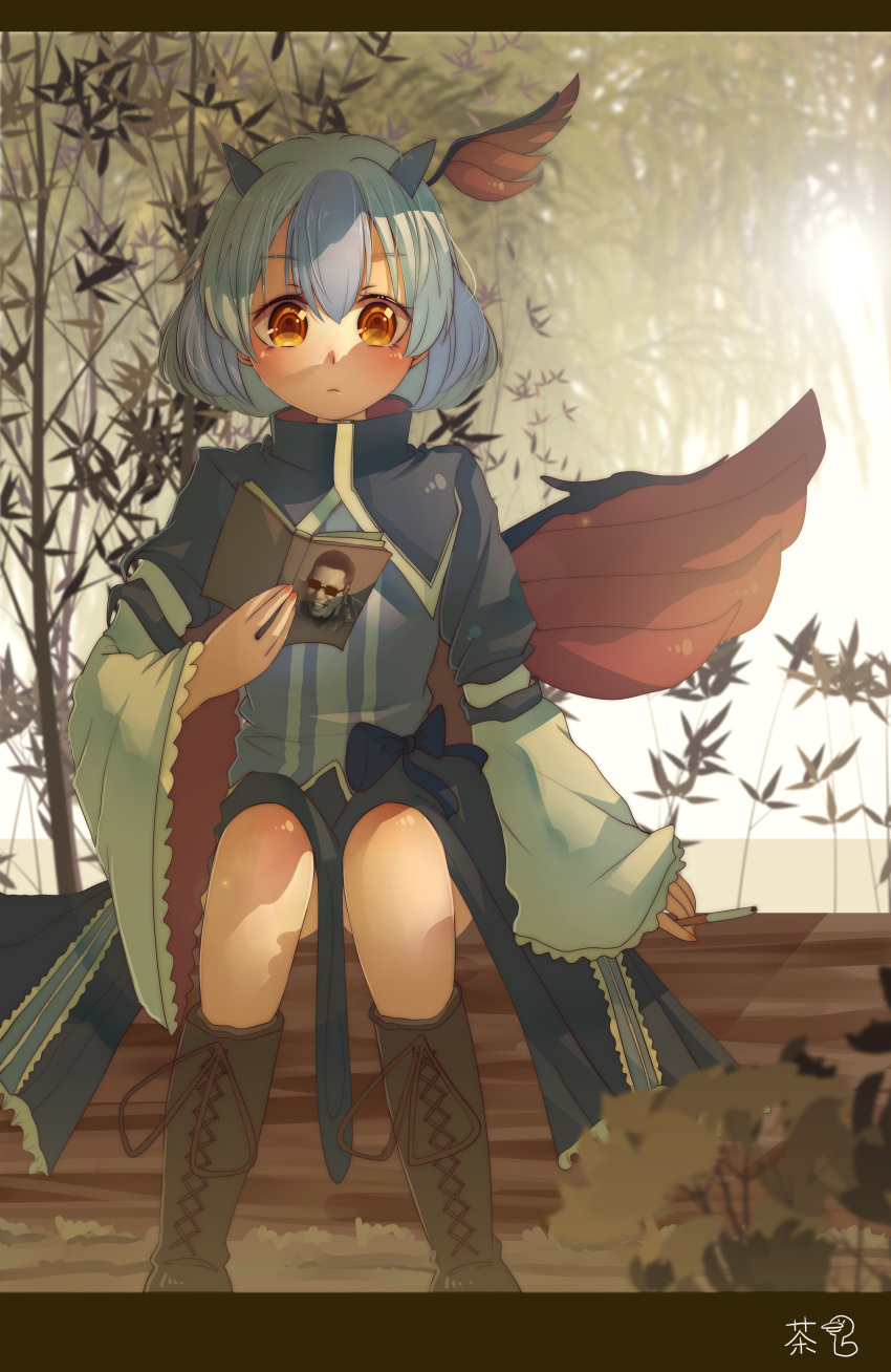 1girl absurdres blue_hair book boots cross-laced_footwear highres holding holding_book horns knee_boots lace-up_boots long_sleeves penglai_tea reading short_hair signature sitting solo tokiko_(touhou) touhou tree wide_sleeves yellow_eyes