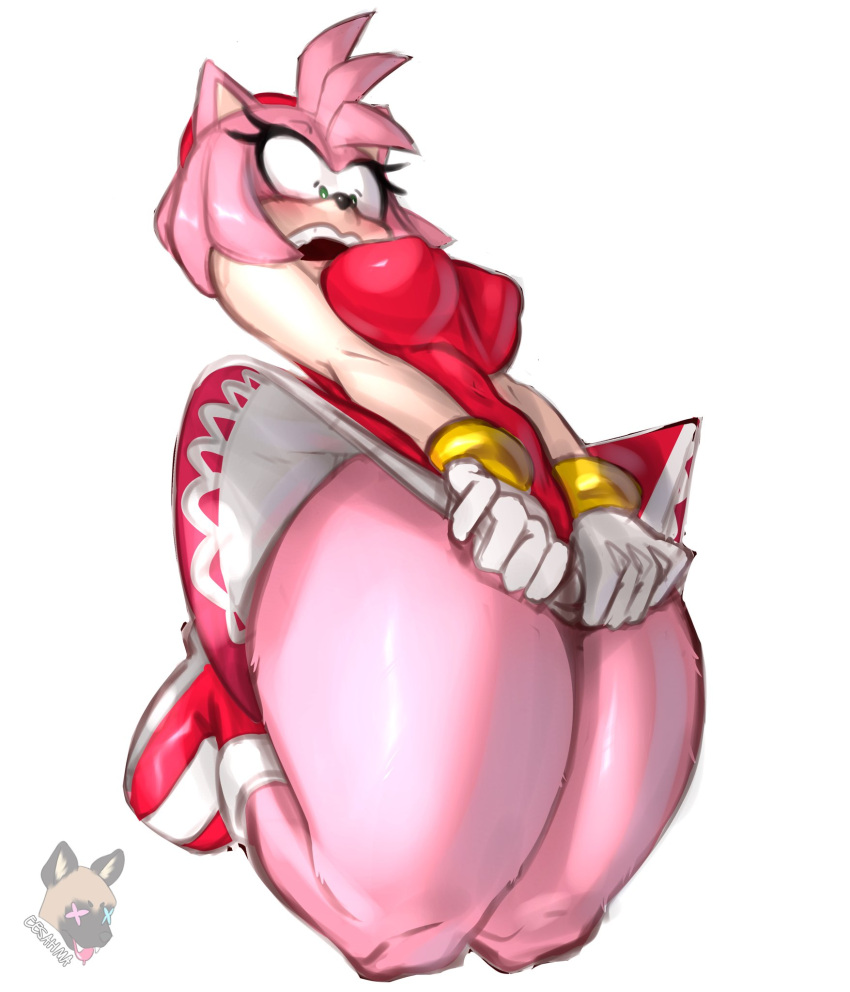 amy_rose anthro blush boots bottomwear breasts clothing dress esahma eulipotyphlan female footwear gloves green_eyes hair handwear hedgehog hi_res jumping low-angle_view mammal miniskirt pink_body pink_hair sega simple_background skirt solo sonic_the_hedgehog_(series) thick_thighs white_background wide_eyed